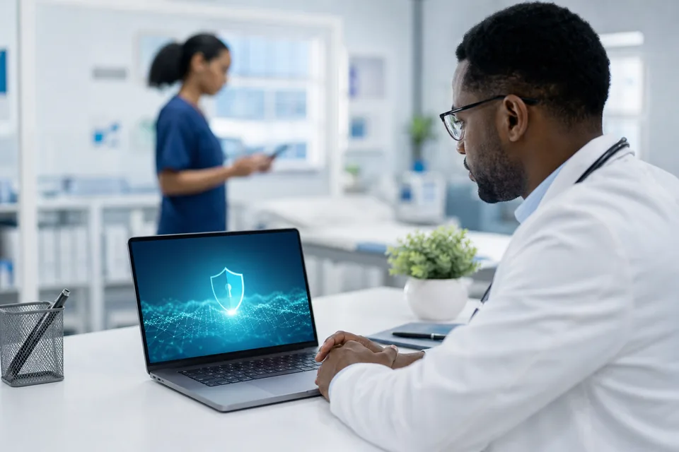 Laptop z zabezpieczonym panelem w spokojnym biurze