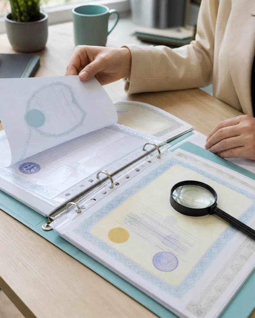 Segregator z certyfikatami i licencją placówki medycznej na biurku