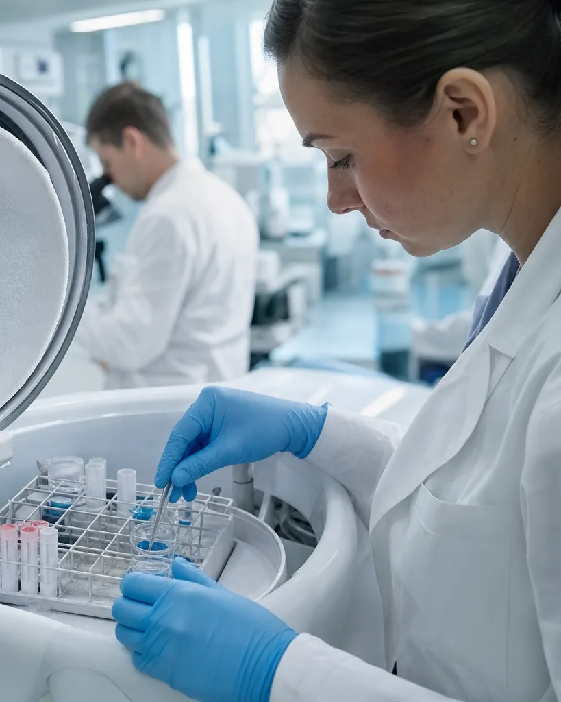 Probówki i szalki laboratoryjne w chłodzonym statywie w pracowni in vitro