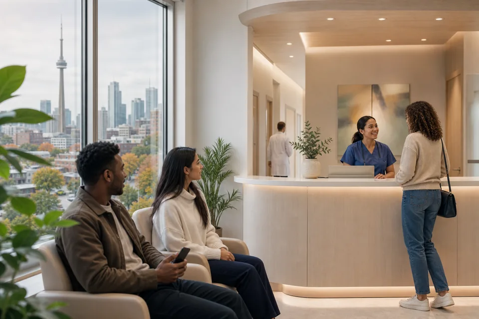 Jasny gabinet konsultacyjny kliniki w Toronto z widokiem na panoramę miasta