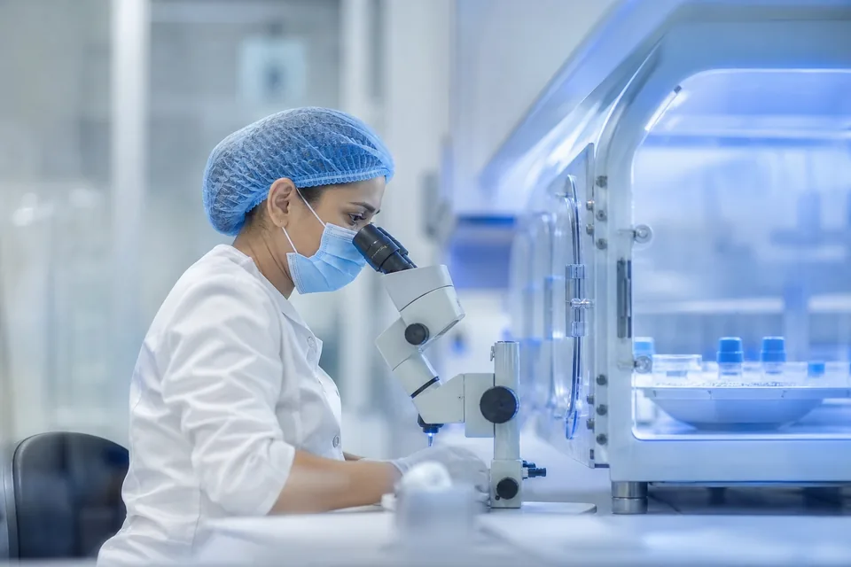 Embriolożka pracuje przy mikroskopie w laboratorium in vitro